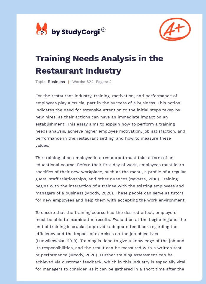 Training Needs Analysis in the Restaurant Industry. Page 1