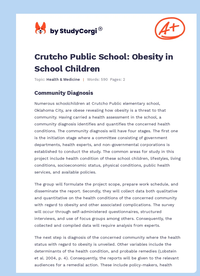 Crutcho Public School: Obesity in School Children. Page 1