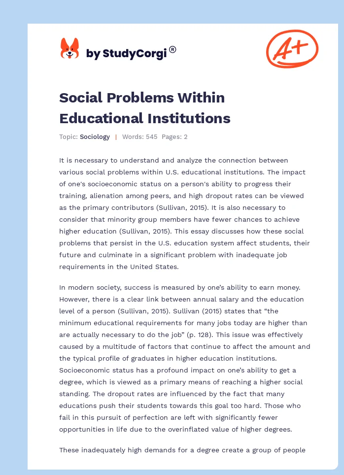 Social Problems Within Educational Institutions. Page 1