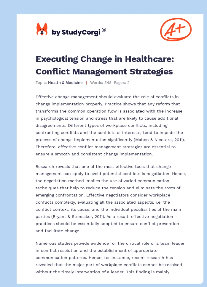 Executing Change in Healthcare: Conflict Management Strategies. Page 1