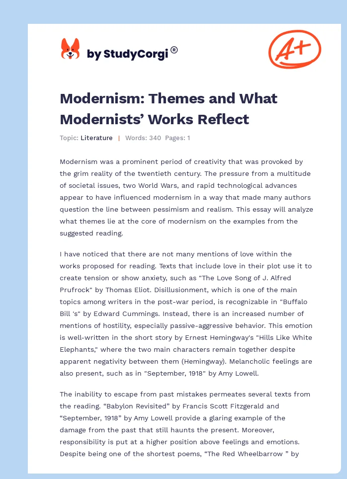 Modernism: Themes and What Modernists’ Works Reflect. Page 1