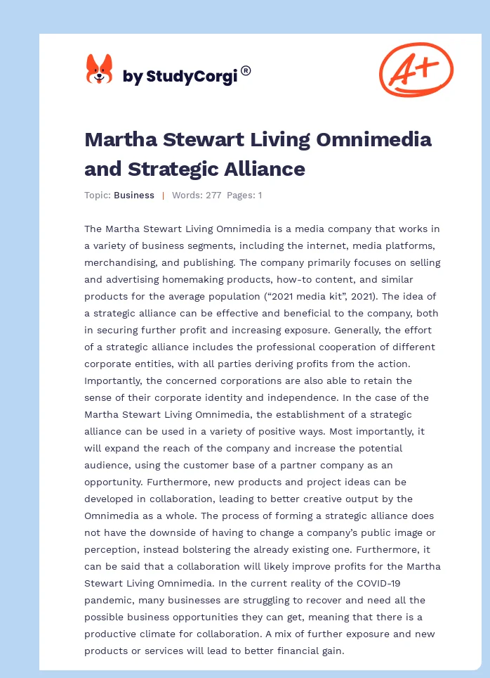 Martha Stewart Living Omnimedia and Strategic Alliance. Page 1
