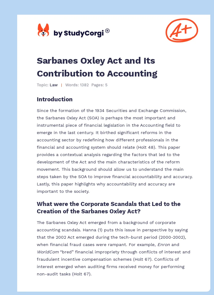 Sarbanes Oxley Act and Its Contribution to Accounting. Page 1