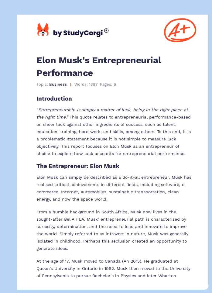Elon Musk's Entrepreneurial Performance. Page 1