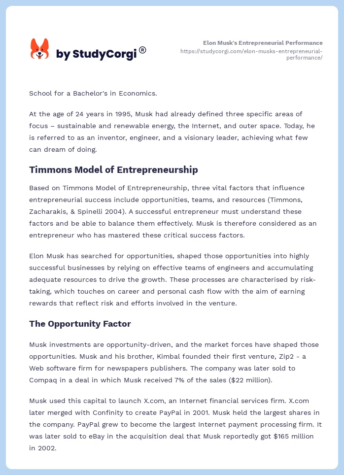 Elon Musk's Entrepreneurial Performance. Page 2