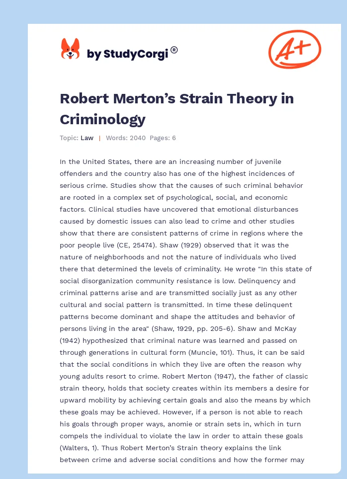 Robert Merton’s Strain Theory in Criminology. Page 1