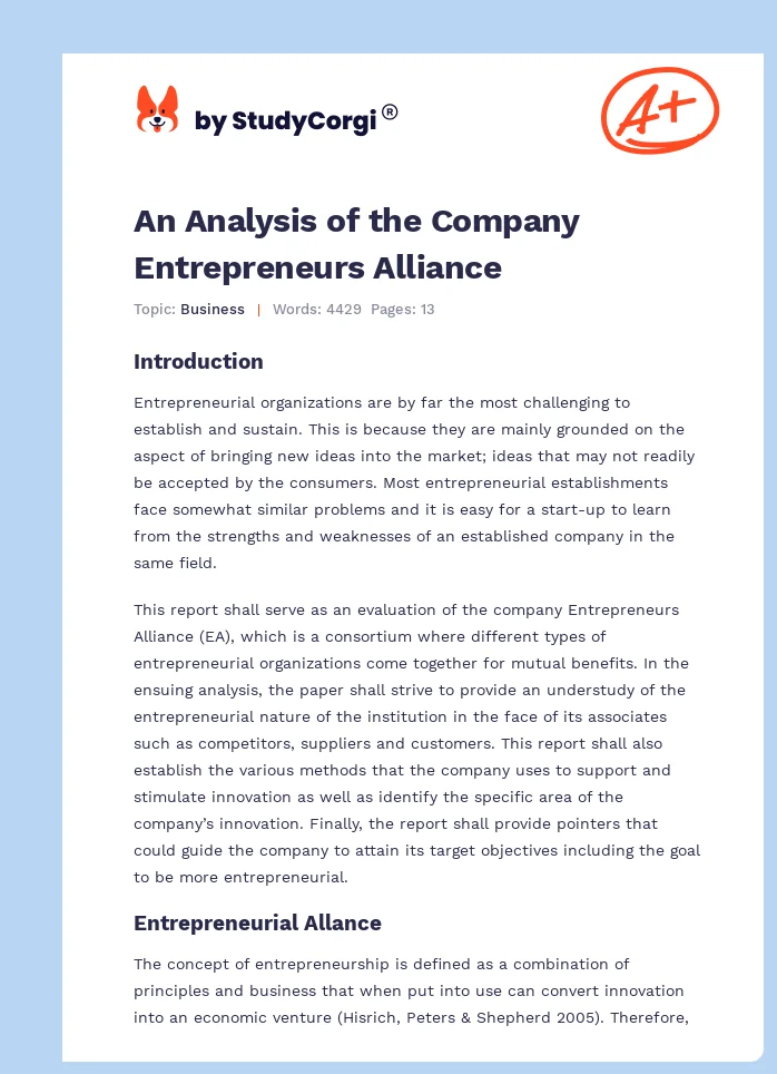 An Analysis of the Company Entrepreneurs Alliance. Page 1