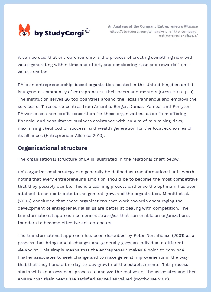 An Analysis of the Company Entrepreneurs Alliance. Page 2
