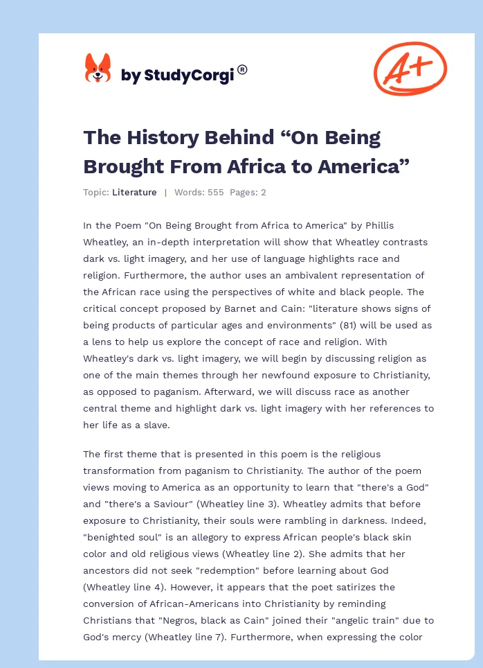 The History Behind “On Being Brought From Africa to America”. Page 1
