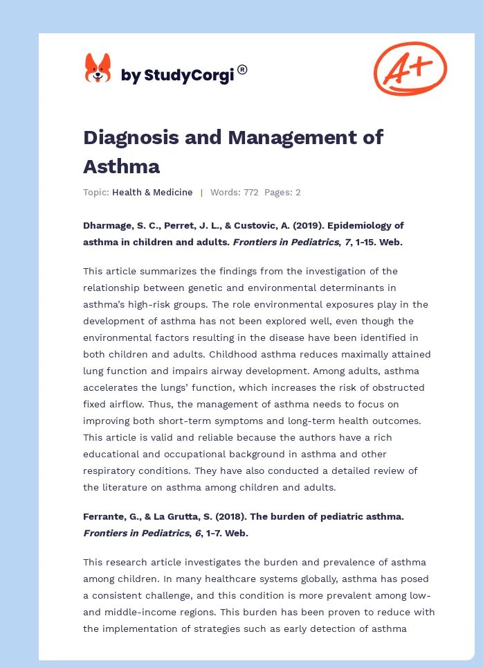 Diagnosis and Management of Asthma. Page 1