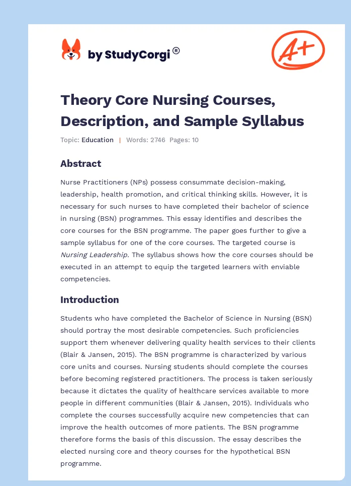 Theory Core Nursing Courses, Description, and Sample Syllabus. Page 1