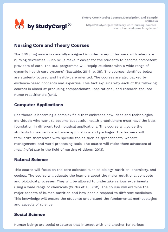 Theory Core Nursing Courses, Description, and Sample Syllabus. Page 2