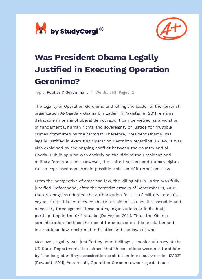 Was President Obama Legally Justified in Executing Operation Geronimo?. Page 1