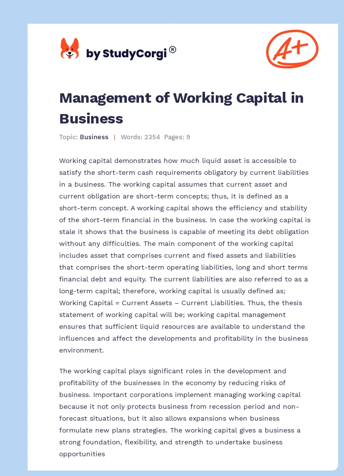 Management of Working Capital in Business. Page 1