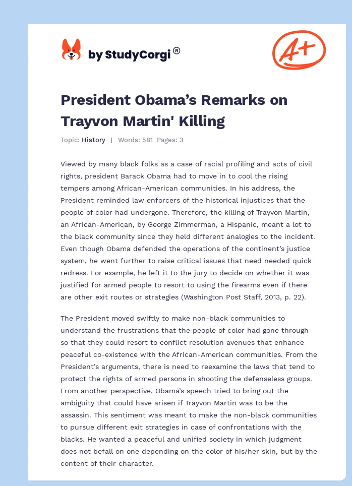 President Obama’s Remarks on Trayvon Martin' Killing. Page 1