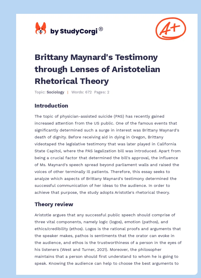 Brittany Maynard's Testimony through Lenses of Aristotelian Rhetorical Theory. Page 1