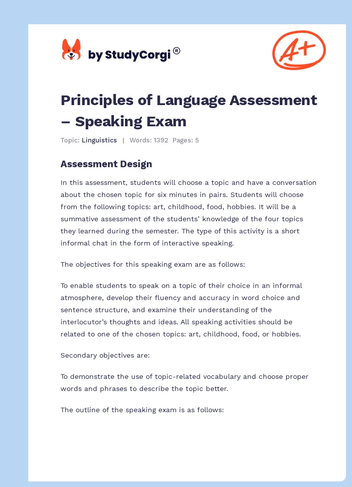 Principles of Language Assessment – Speaking Exam. Page 1
