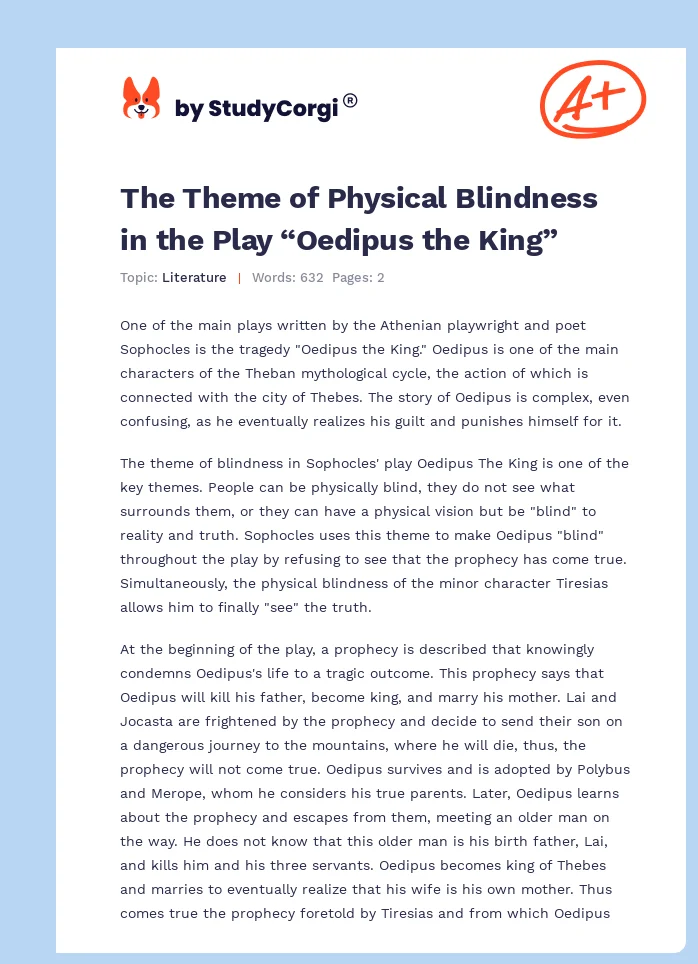 The Theme of Physical Blindness in the Play “Oedipus the King”. Page 1