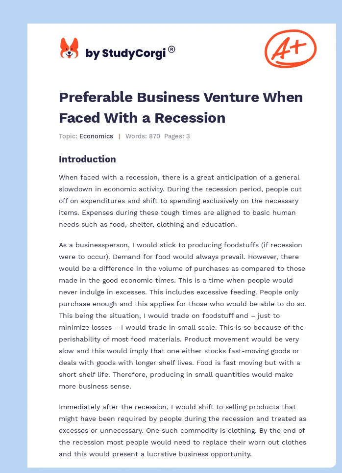 Preferable Business Venture When Faced With a Recession. Page 1