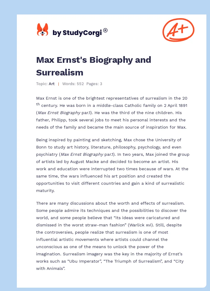 Max Ernst's Biography and Surrealism. Page 1