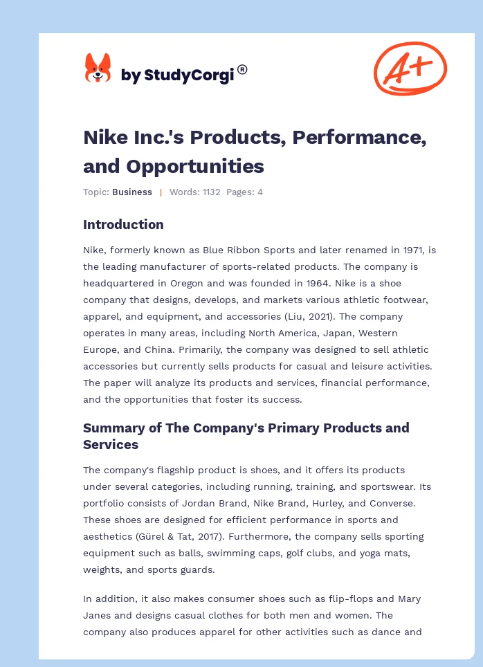 Nike Inc.'s Products, Performance, and Opportunities. Page 1