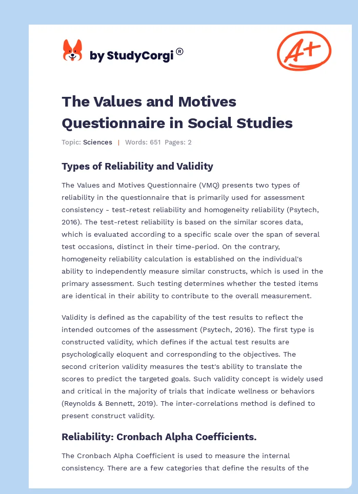 The Values and Motives Questionnaire in Social Studies. Page 1