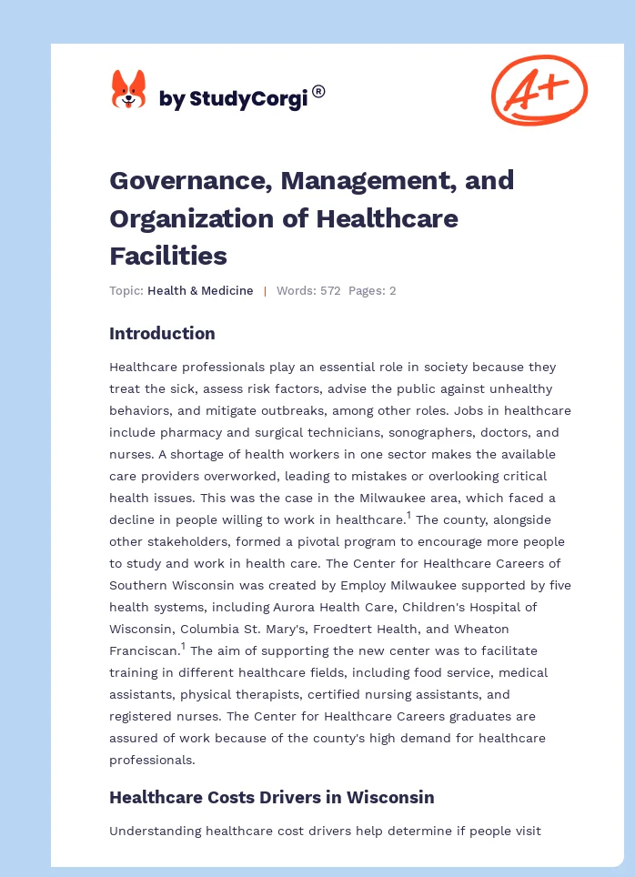 Governance, Management, and Organization of Healthcare Facilities. Page 1