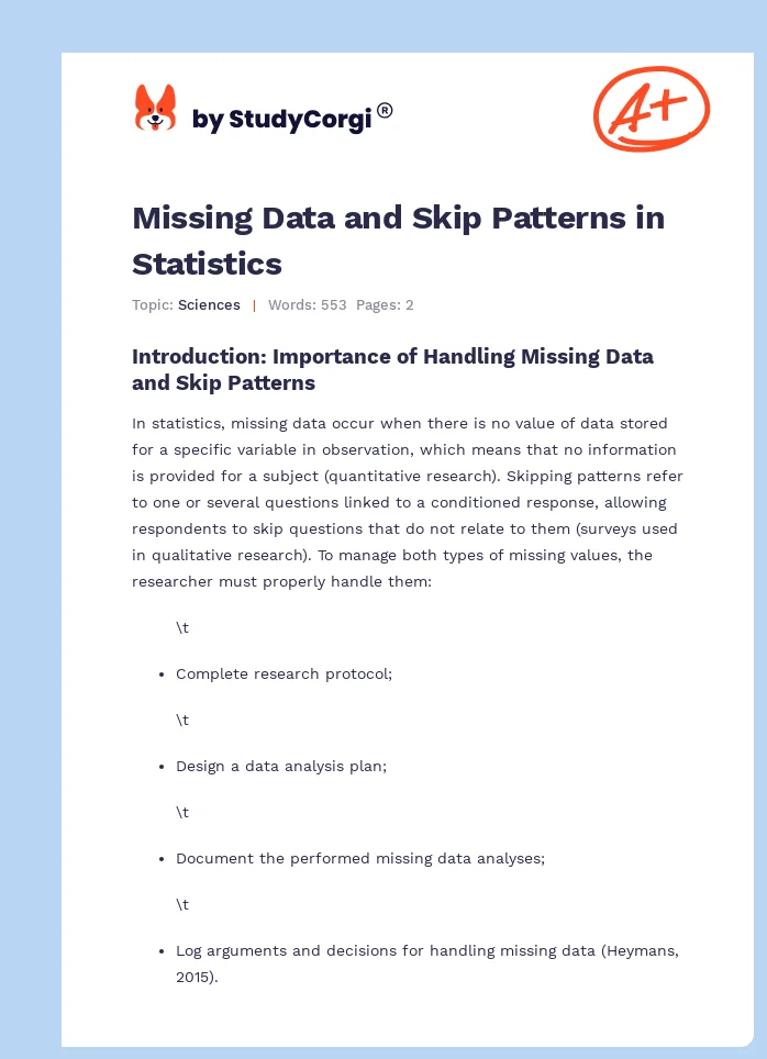 Missing Data and Skip Patterns in Statistics. Page 1