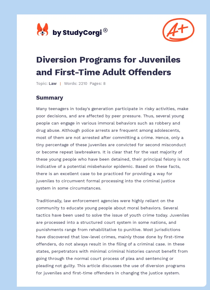 Diversion Programs for Juveniles and First-Time Adult Offenders. Page 1