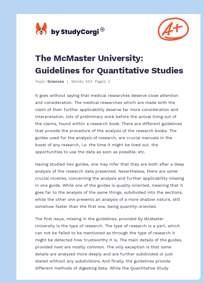 The McMaster University: Guidelines for Quantitative Studies. Page 1