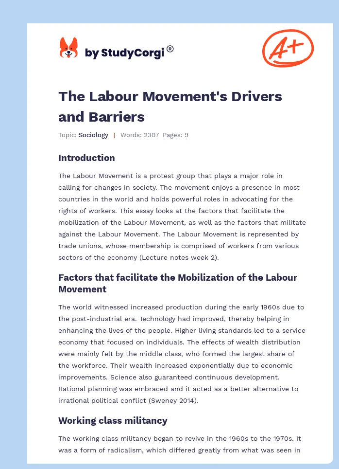 The Labour Movement's Drivers and Barriers. Page 1