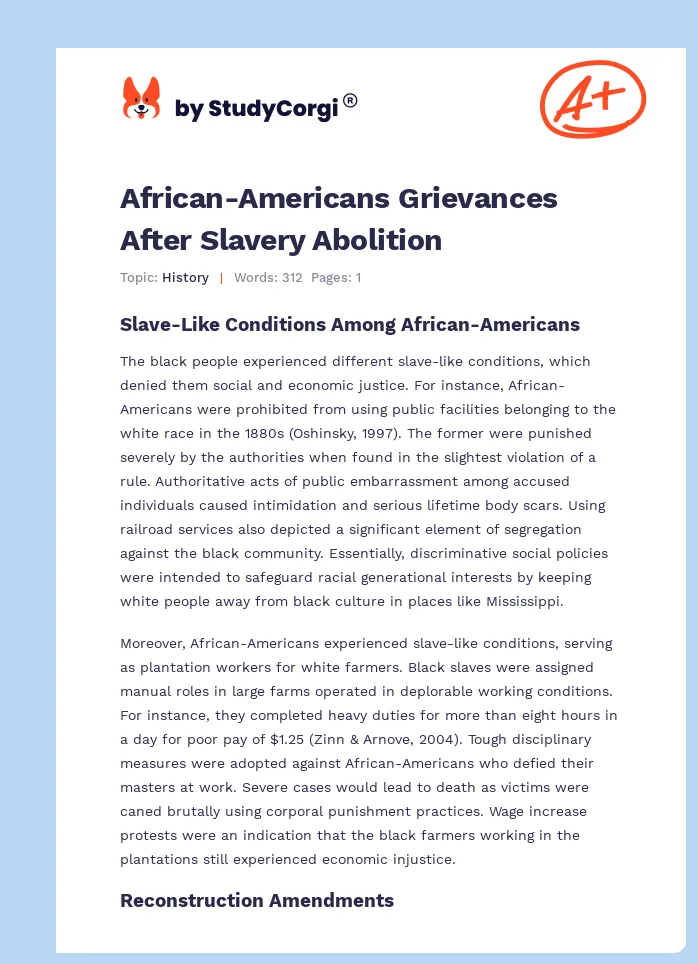 African-Americans Grievances After Slavery Abolition. Page 1