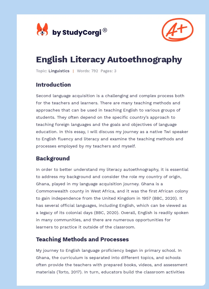 English Literacy Autoethnography. Page 1