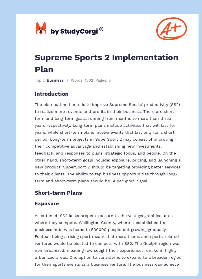 Supreme Sports 2 Implementation Plan. Page 1