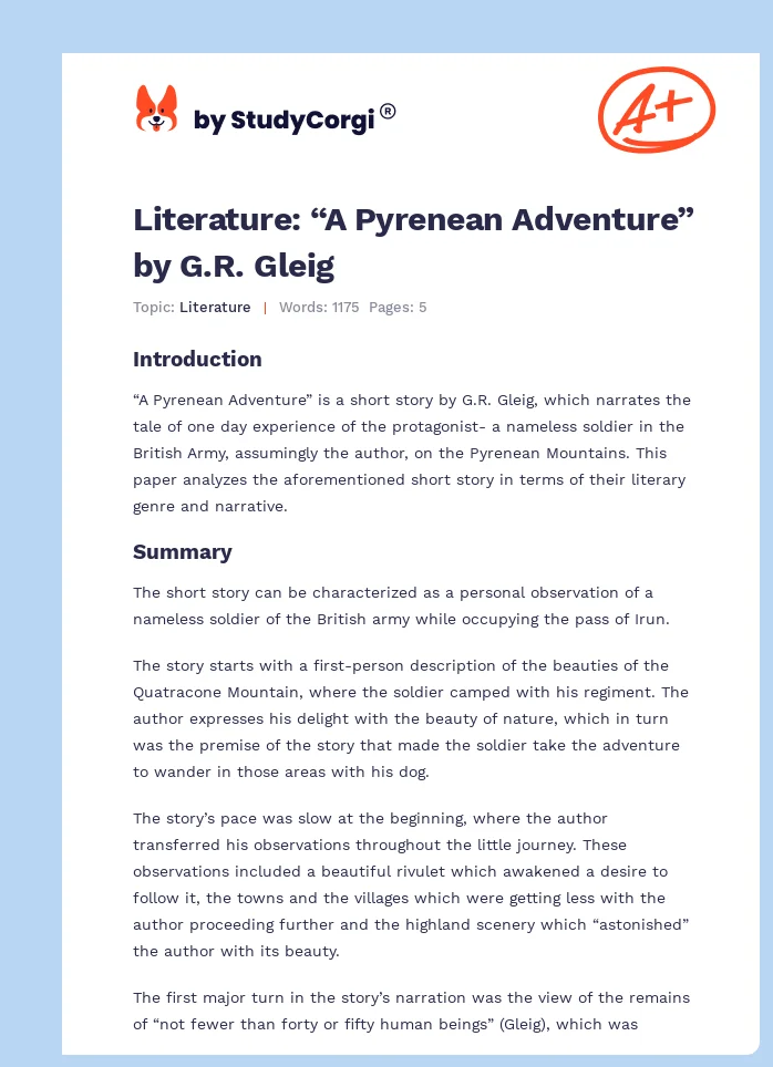 Literature: “A Pyrenean Adventure” by G.R. Gleig. Page 1