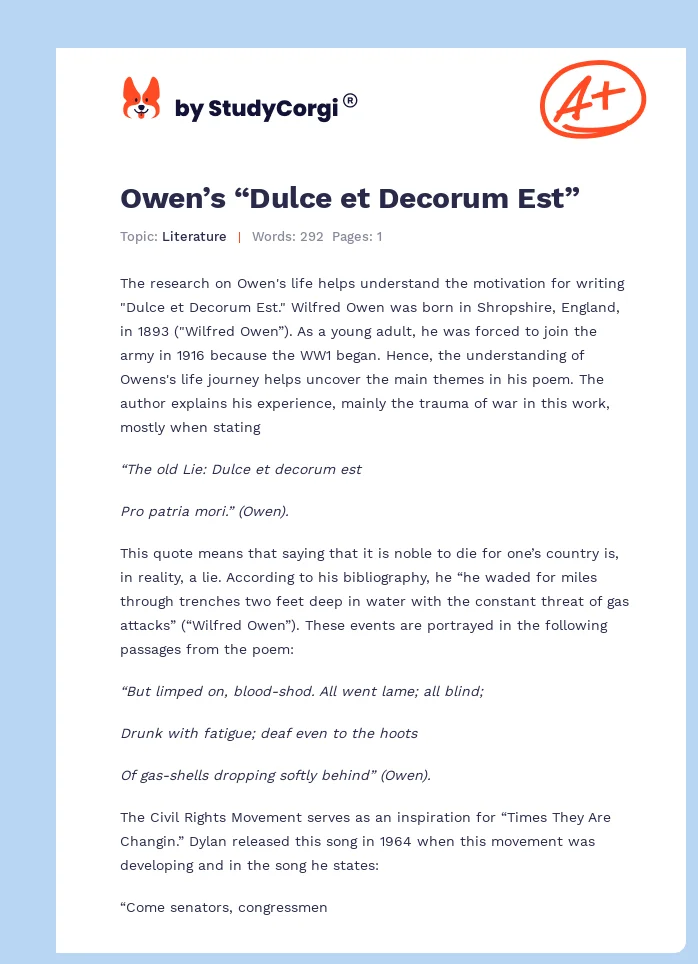 Owen’s “Dulce et Decorum Est”. Page 1