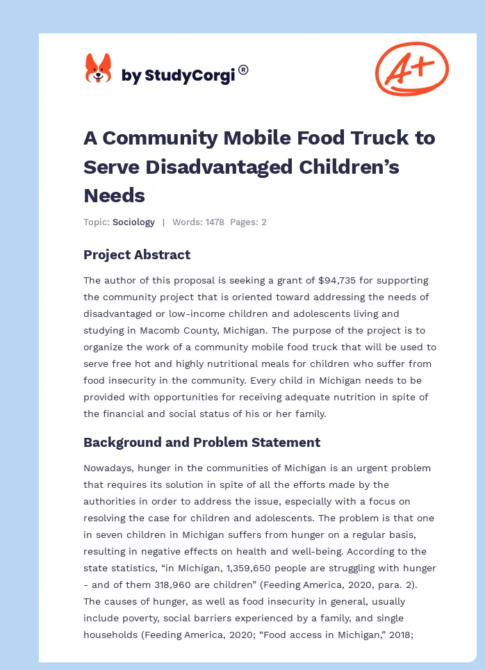 A Community Mobile Food Truck to Serve Disadvantaged Children’s Needs. Page 1