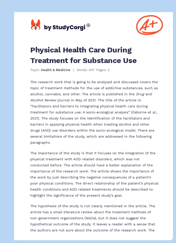 Physical Health Care During Treatment for Substance Use. Page 1