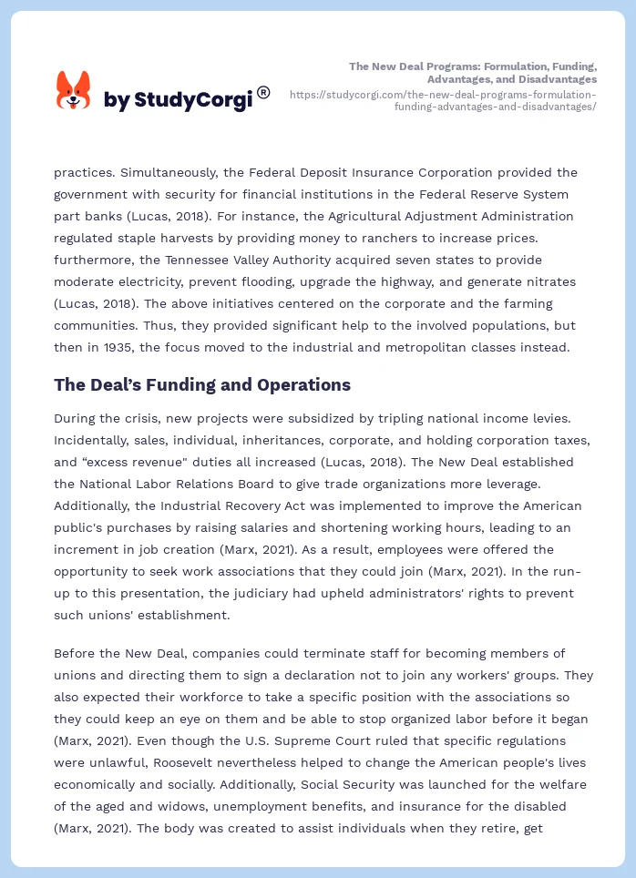 The New Deal Programs: Formulation, Funding, Advantages, and Disadvantages. Page 2