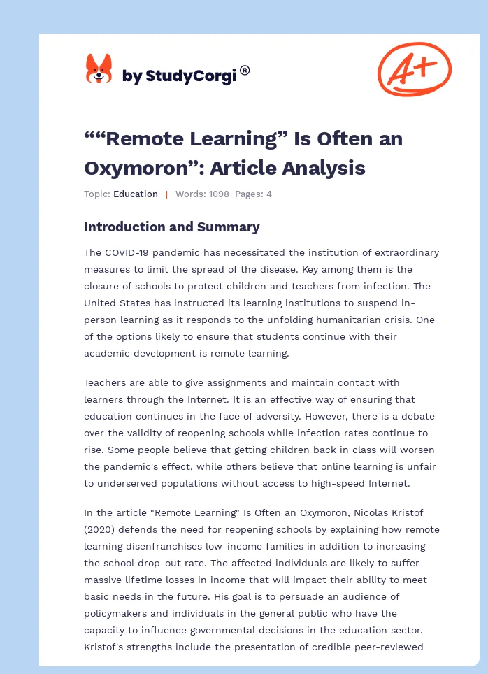 ““Remote Learning” Is Often an Oxymoron”: Article Analysis. Page 1
