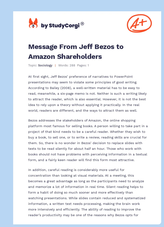 Message From Jeff Bezos to Amazon Shareholders. Page 1