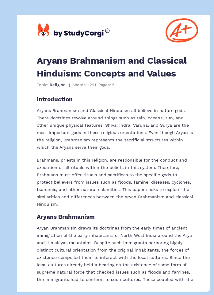Aryans Brahmanism and Classical Hinduism: Concepts and Values. Page 1