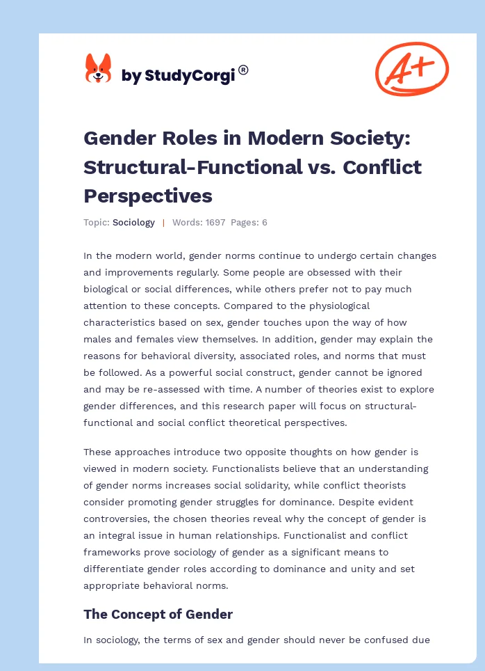 Gender Roles in Modern Society: Structural-Functional vs. Conflict Perspectives. Page 1