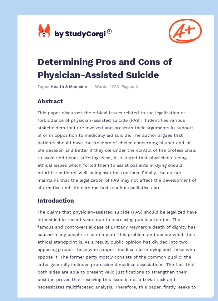 Determining Pros and Cons of Physician-Assisted Suicide. Page 1