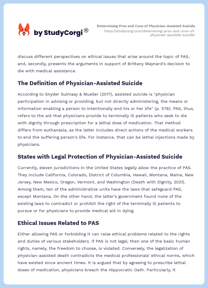 Determining Pros and Cons of Physician-Assisted Suicide. Page 2