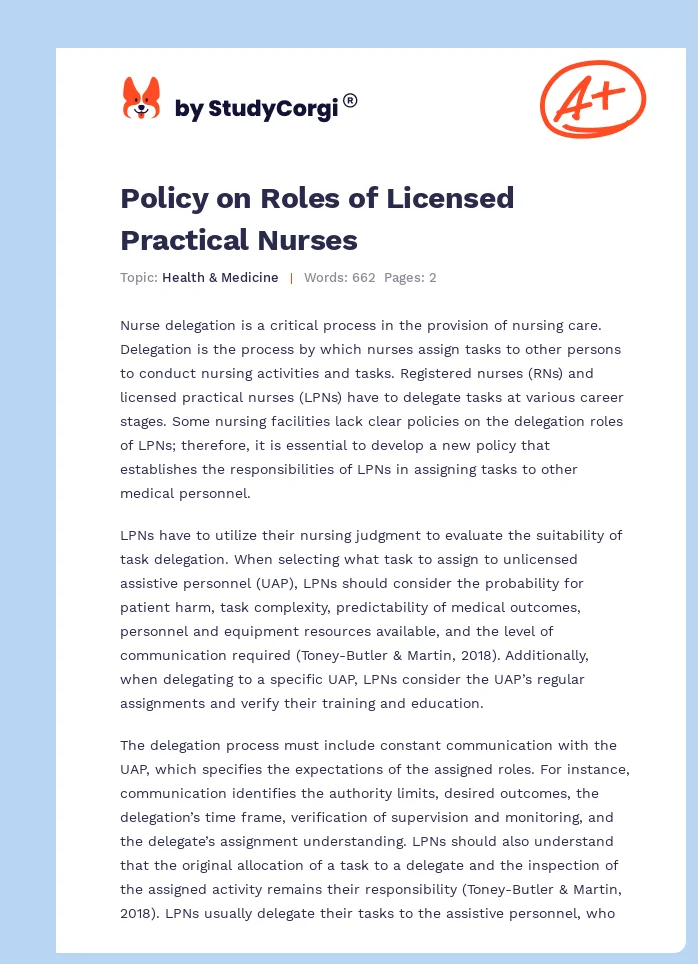 Policy on Roles of Licensed Practical Nurses. Page 1