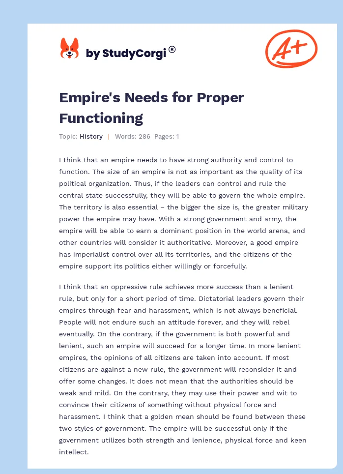 Empire's Needs for Proper Functioning. Page 1