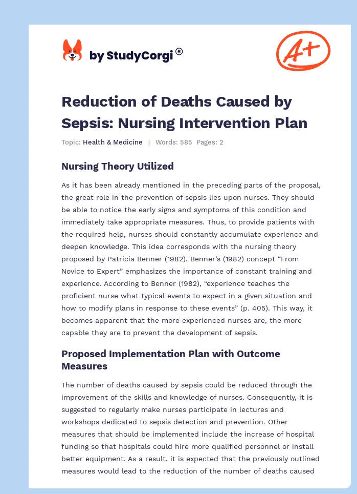 Reduction of Deaths Caused by Sepsis: Nursing Intervention Plan. Page 1