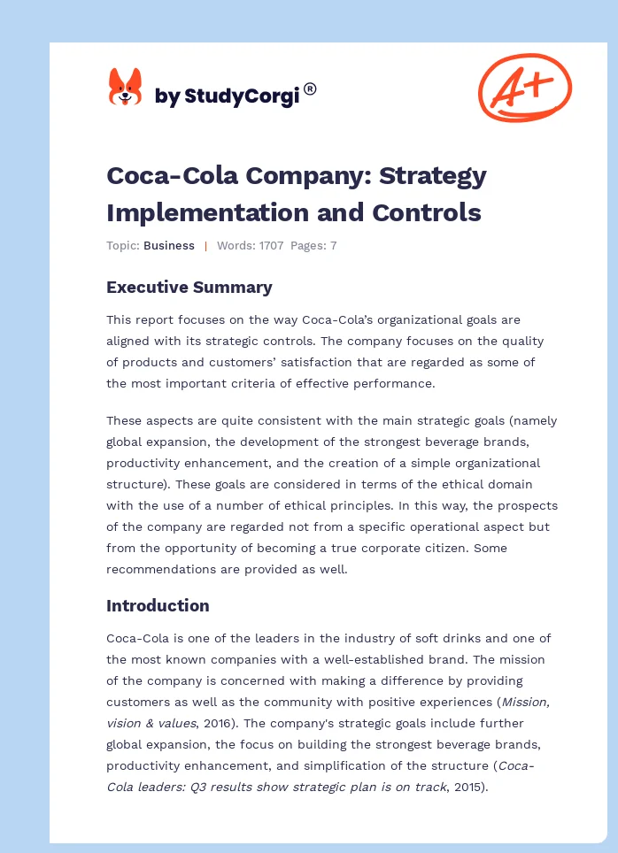 Coca-Cola Company: Strategy Implementation and Controls. Page 1