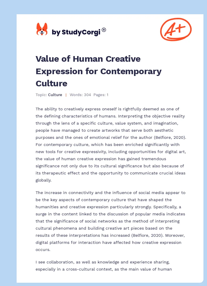 Value of Human Creative Expression for Contemporary Culture. Page 1